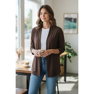 Chicos Travelers Mea Cardigan Jacket size 2 L Large 12 Brown Open Front Slinky